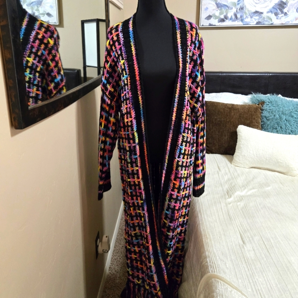 Colorful Crochet Long Duster With Fringe NWOT Never Worn Size Xl Womens